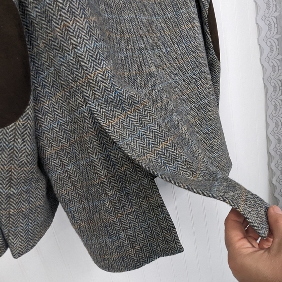 HARRIS TWEED Vintage Virgin Wool Herringbone Elbow Patch Blazer - Picture 10 of 14